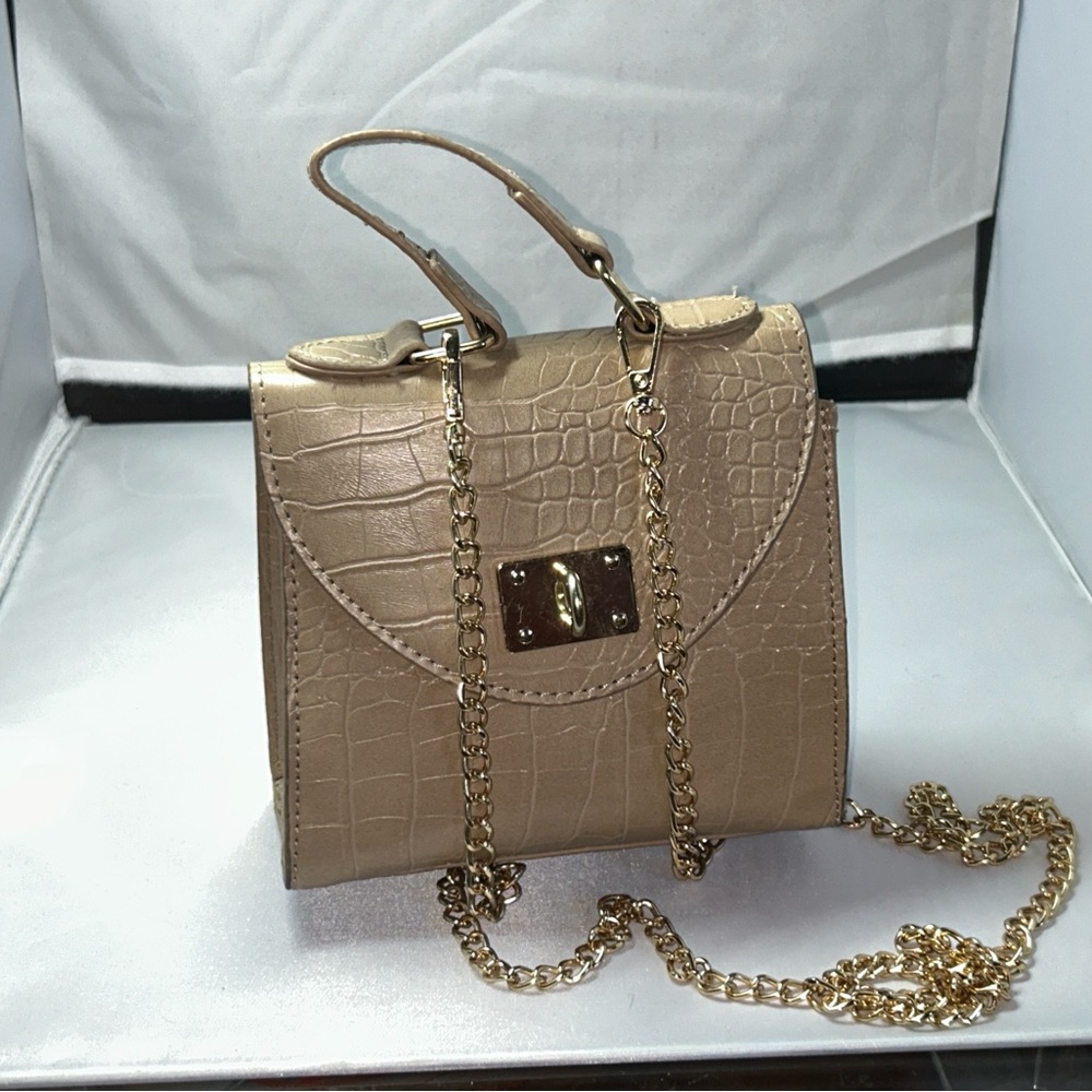 Beige Croc Mini Handbag with Gold Chain Strap